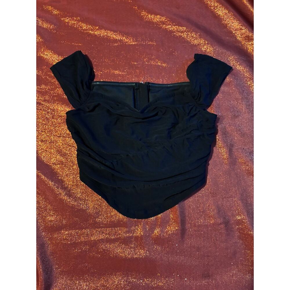 SHEIN Bodysuit Womens M Black Ruched Off Shoulder Zip Front Short Sleeve Stretch - Picture 2 of 3